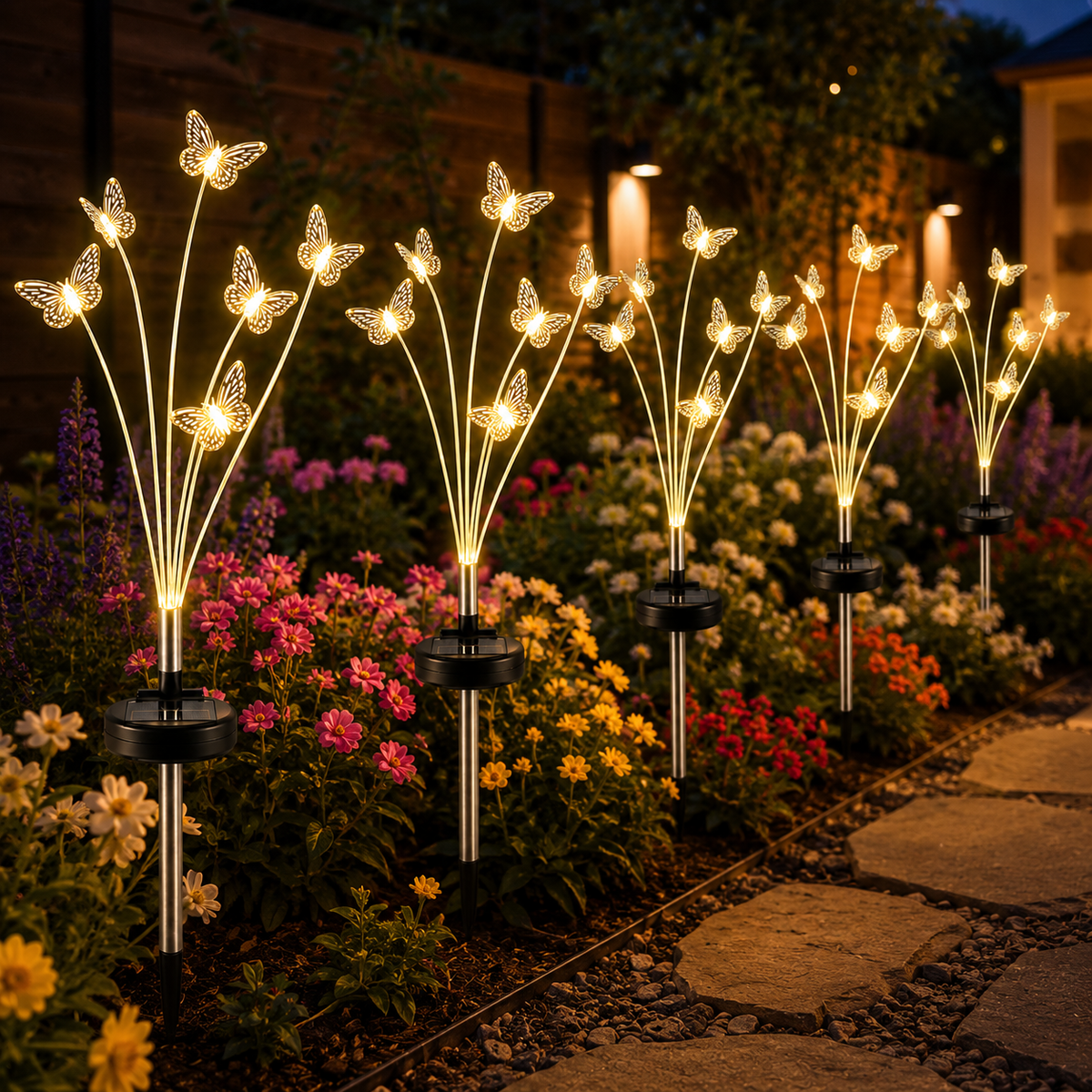 Set 2 x Lămpa Solara LED Decorativa Fluture 70 cm, 6 Fire Flexibile, Aprindere Automată, IP66, Iluminare Alb Cald pentru