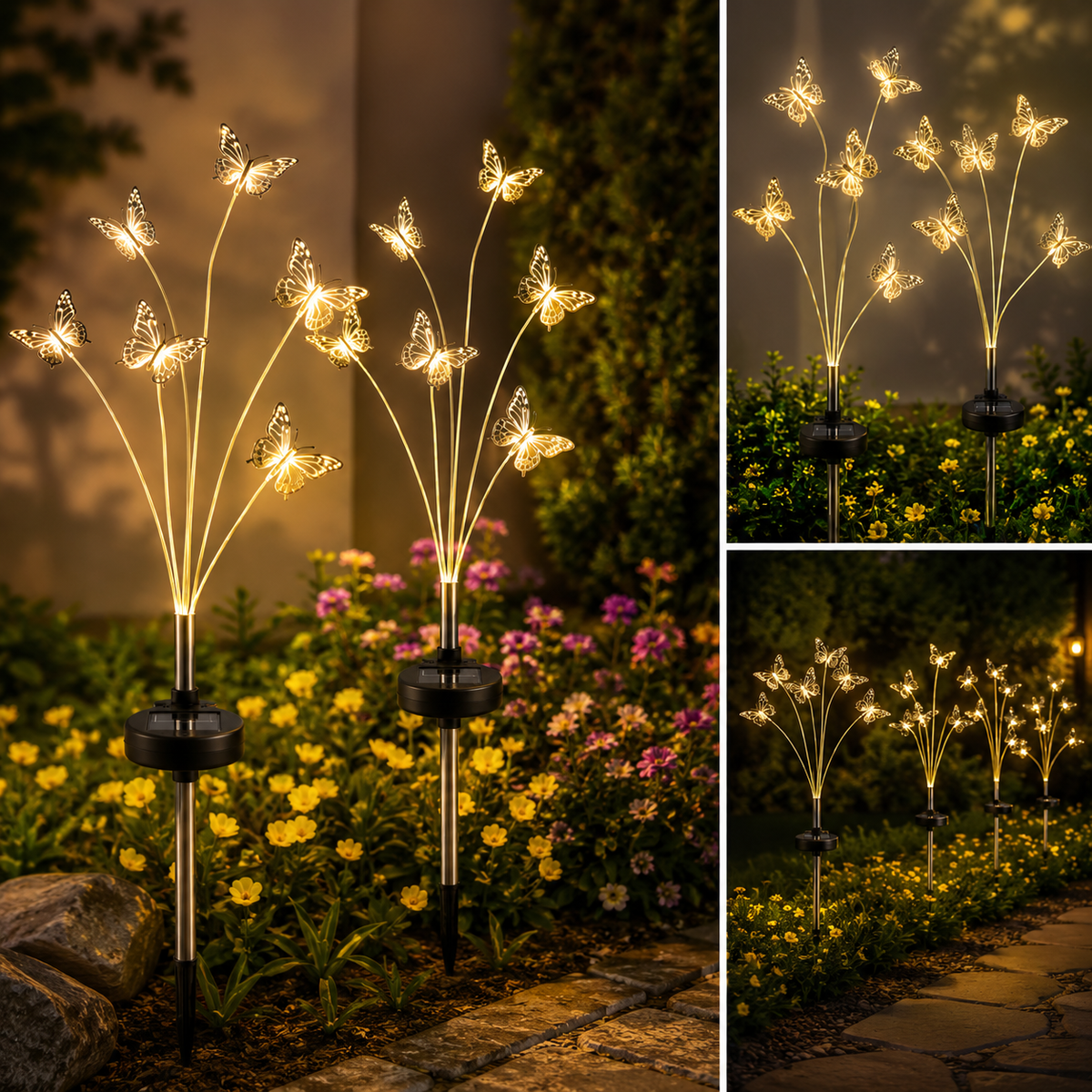 Set 2 x Lămpa Solara LED Decorativa Fluture 70 cm, 6 Fire Flexibile, Aprindere Automată, IP66, Iluminare Alb Cald pentru