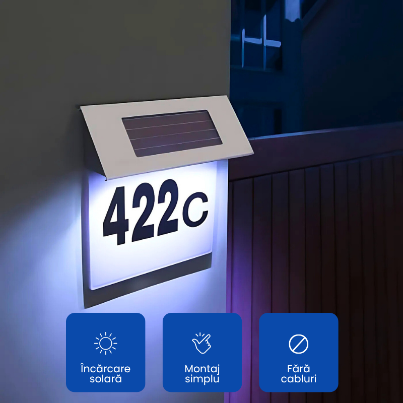 Numar de casa din inox, cu iluminare LED si alimentare solara