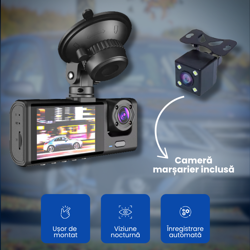 Cameră Auto 3-în-1 Full HD cu Înregistrare Interior-Exterior și Vedere de Noapte