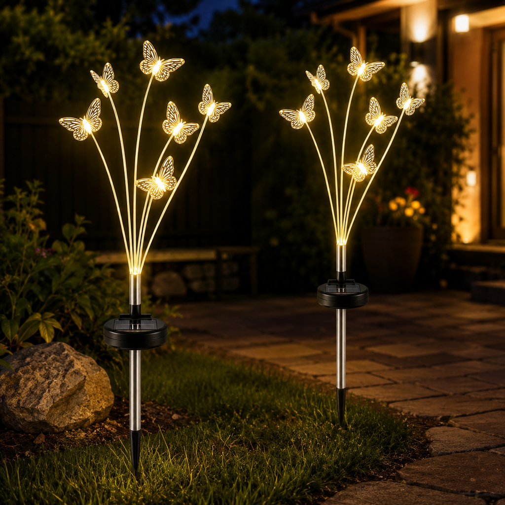 Set 2 x Lămpa Solara LED Decorativa Fluture 70 cm, 6 Fire Flexibile, Aprindere Automată, IP66, Iluminare Alb Cald pentru