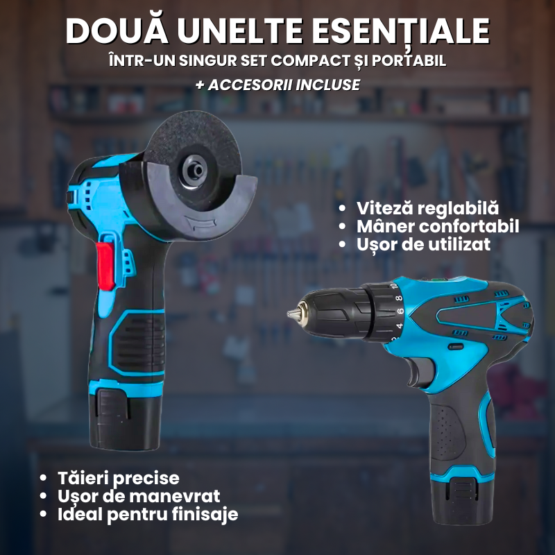 Set Portabil 2-în-1 OKBOONS™ cu Mașină de Găurit și Mini-Polizor cu Acumulatori