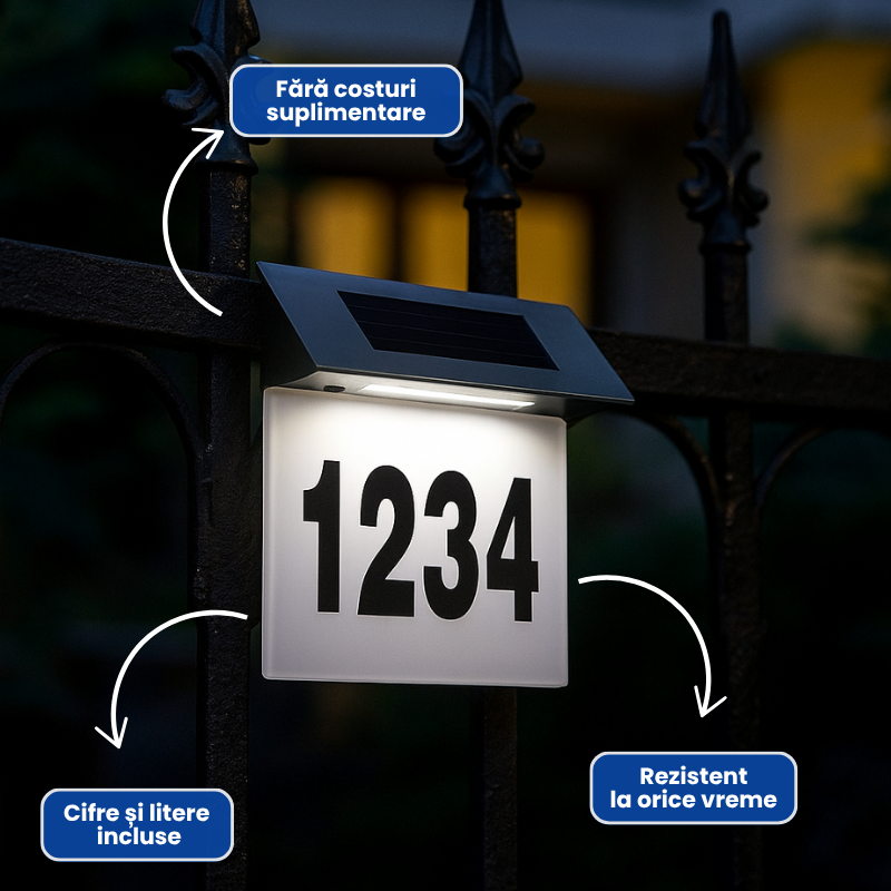 Numar de casa din inox, cu iluminare LED si alimentare solara