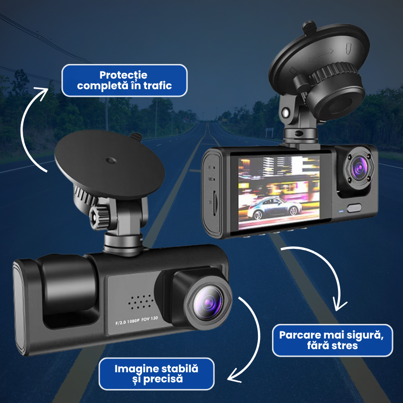 Cameră Auto 3-în-1 Full HD cu Înregistrare Interior-Exterior și Vedere de Noapte