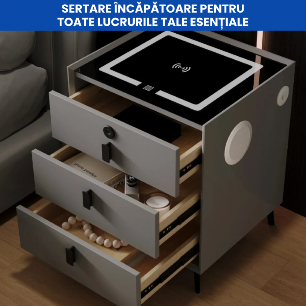 Noptiera Smart Multifunctionala, iluminare LED tactil cu 3 culori, incarcare wireless si USB, difuzor Bluetooth, 3 Sertare, GRI