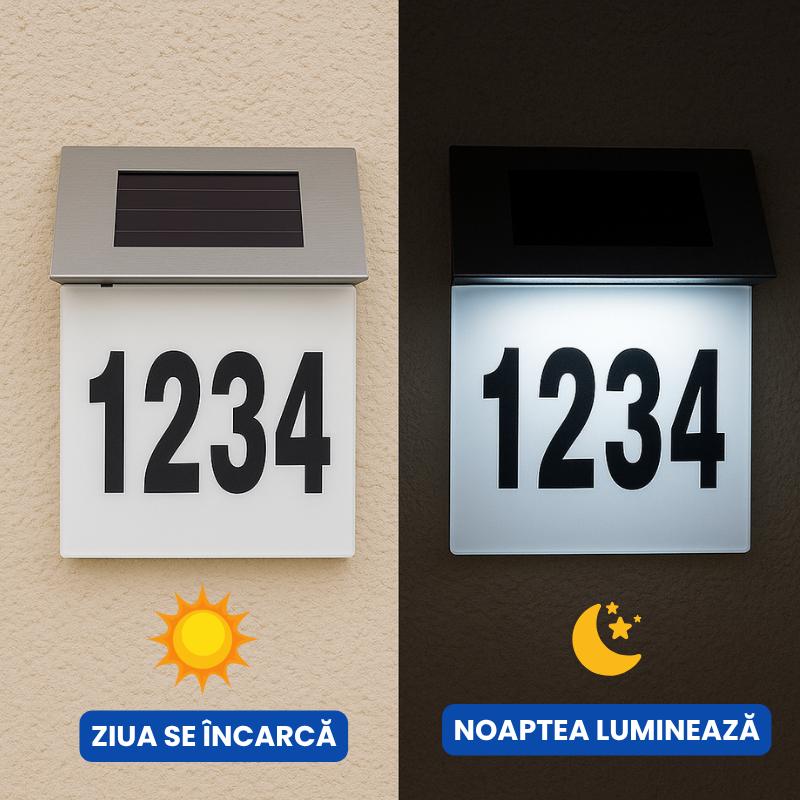 Numar de casa din inox, cu iluminare LED si alimentare solara