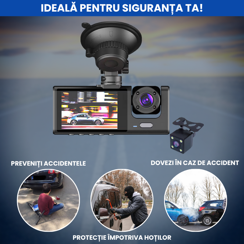 Cameră Auto 3-în-1 Full HD cu Înregistrare Interior-Exterior și Vedere de Noapte