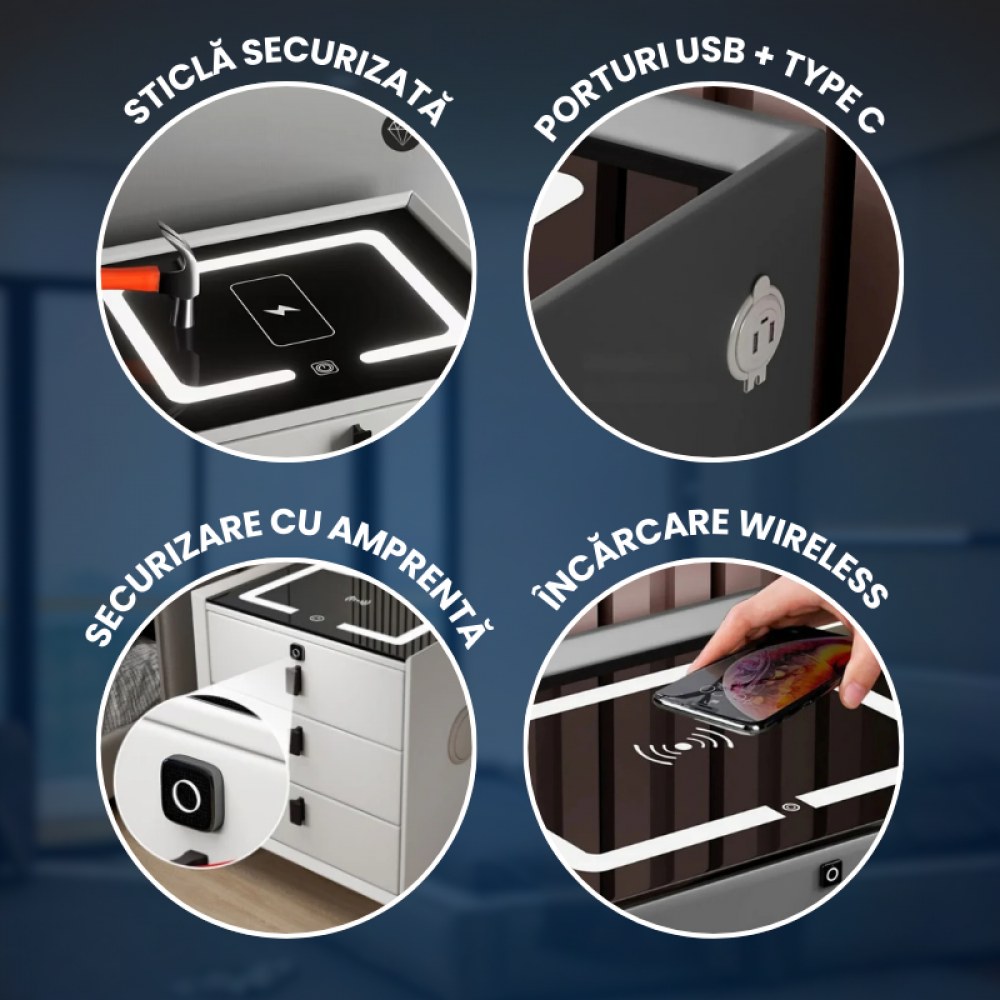 Noptiera Smart Multifunctionala, iluminare LED tactil cu 3 culori, incarcare wireless si USB, difuzor Bluetooth, 3 Sertare, CREM