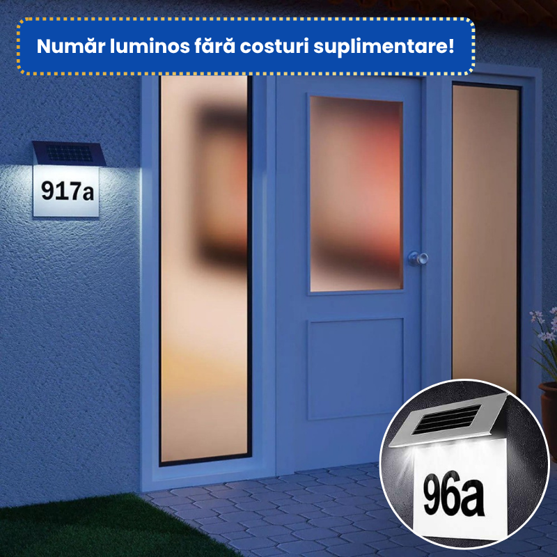 Numar de casa din inox, cu iluminare LED si alimentare solara