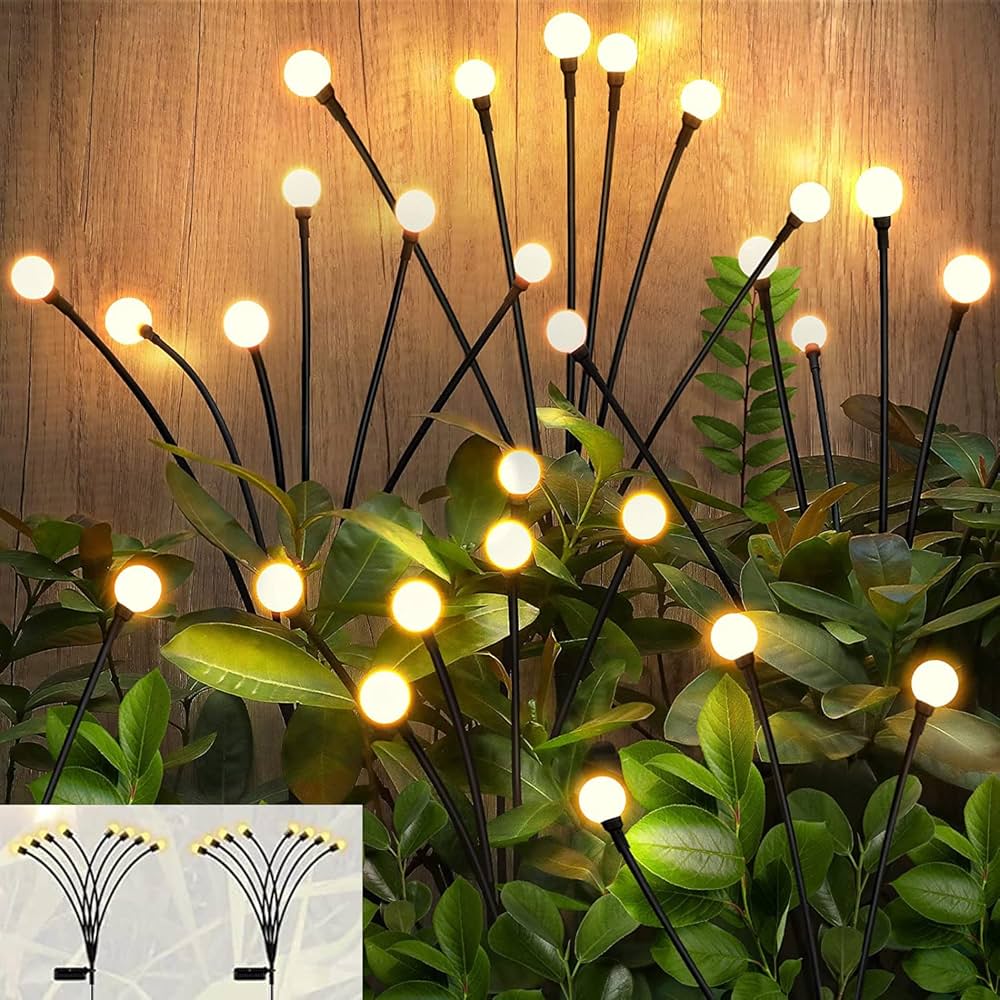 Set 2 x Lampa Solara Licurici pentru Gradina, 6 LED-uri, 70 cm, Lumina Alb Cald