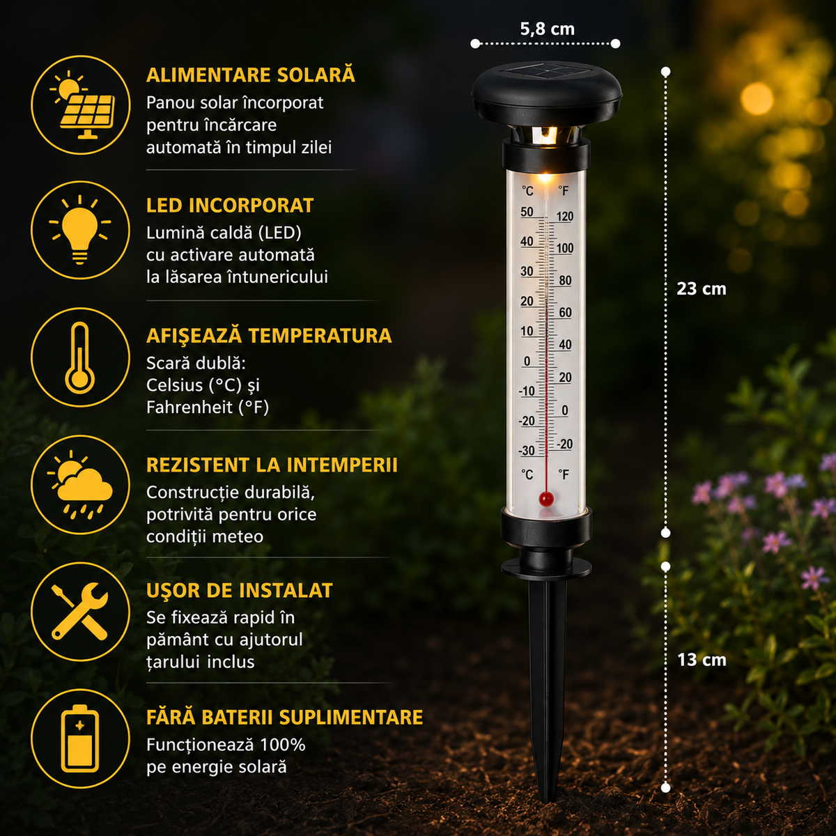 Set 2 Termometre Solare de Gradina cu Lampa LED, Afisaj Dual Celsius/Fahrenheit, Aprindere Automata, Incarcare Solara, T