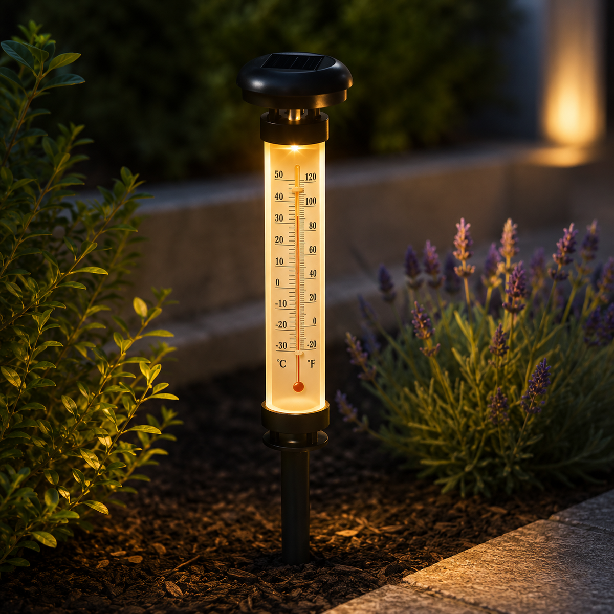 Set 2 Termometre Solare de Gradina cu Lampa LED, Afisaj Dual Celsius/Fahrenheit, Aprindere Automata, Incarcare Solara, T