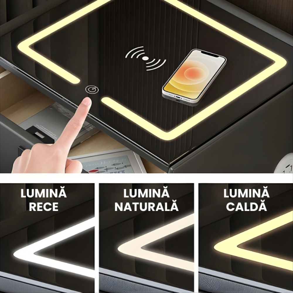 Noptiera Smart Multifunctionala, iluminare LED tactil cu 3 culori, incarcare wireless si USB, difuzor Bluetooth, 3 Sertare, GRI