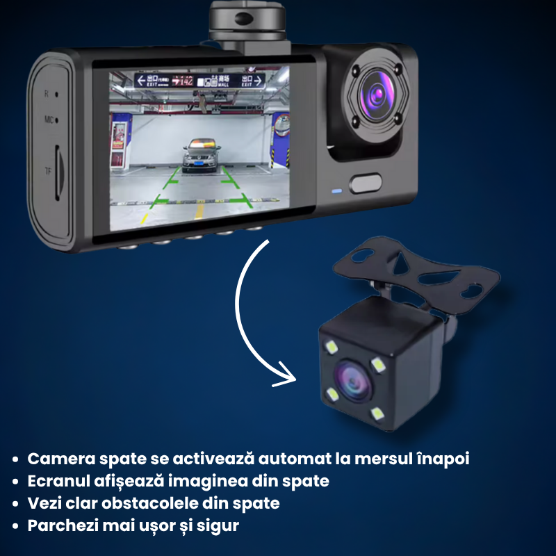 Cameră Auto 3-în-1 Full HD cu Înregistrare Interior-Exterior și Vedere de Noapte