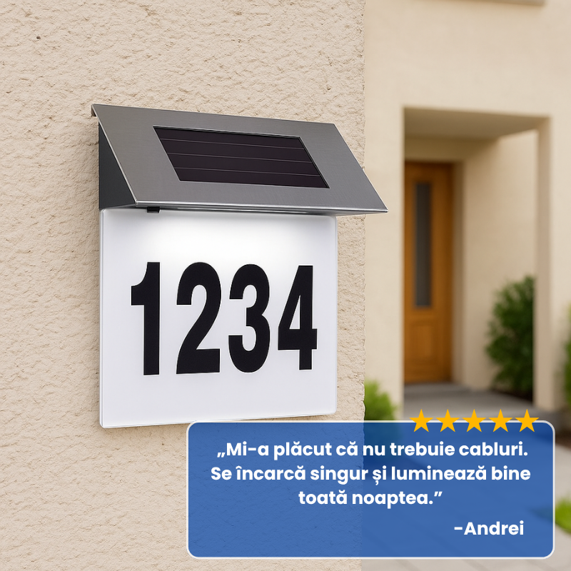 Numar de casa din inox, cu iluminare LED si alimentare solara