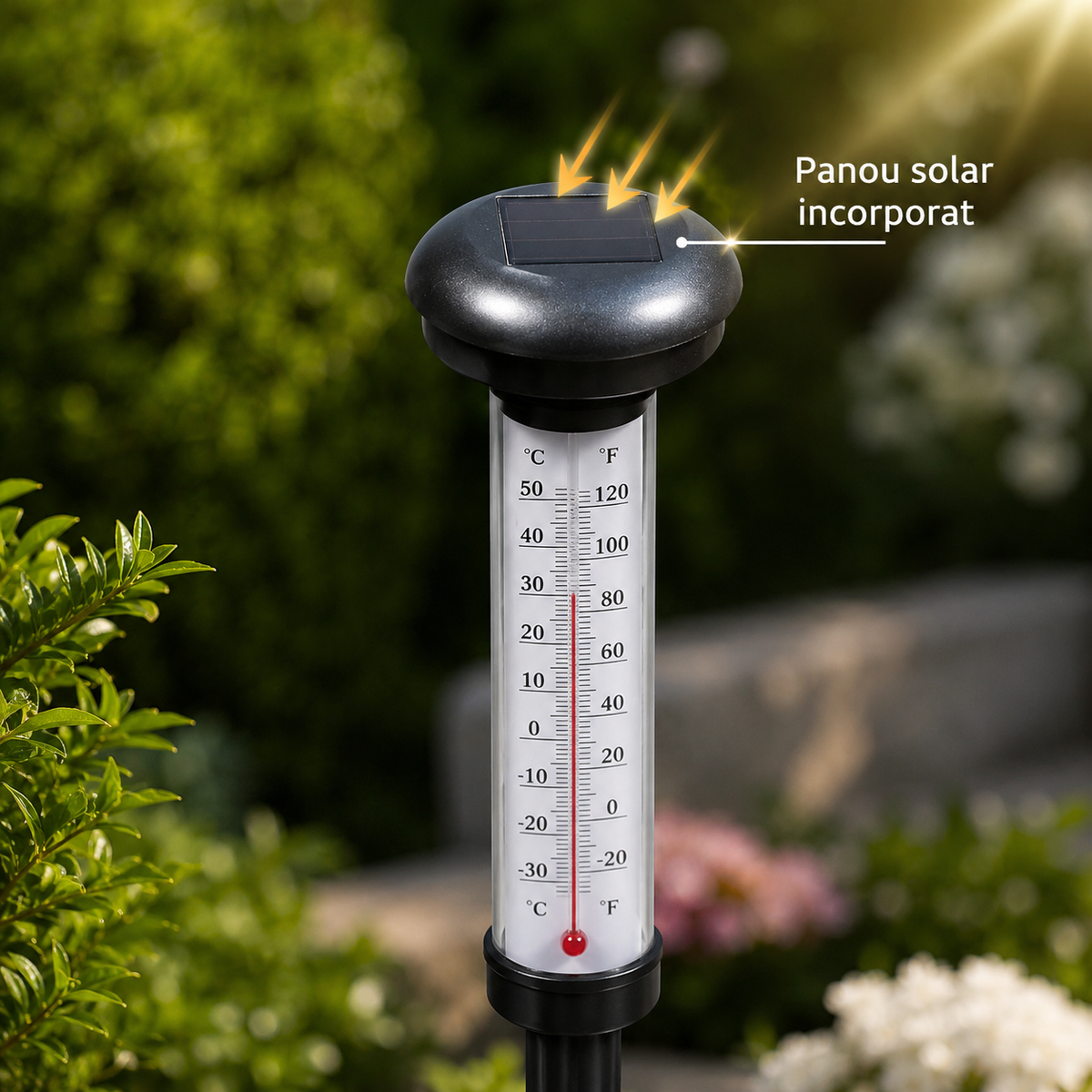 Set 2 Termometre Solare de Gradina cu Lampa LED, Afisaj Dual Celsius/Fahrenheit, Aprindere Automata, Incarcare Solara, T
