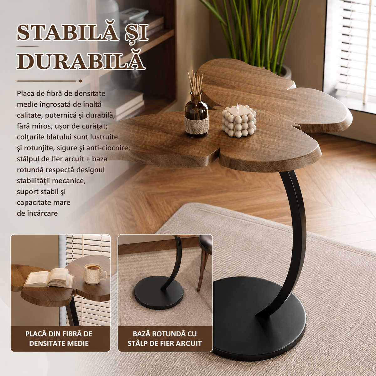 Măsuță de cafea tip Fluture, Blat de Lemn și Cadru Metalic – 58 × 43 cm