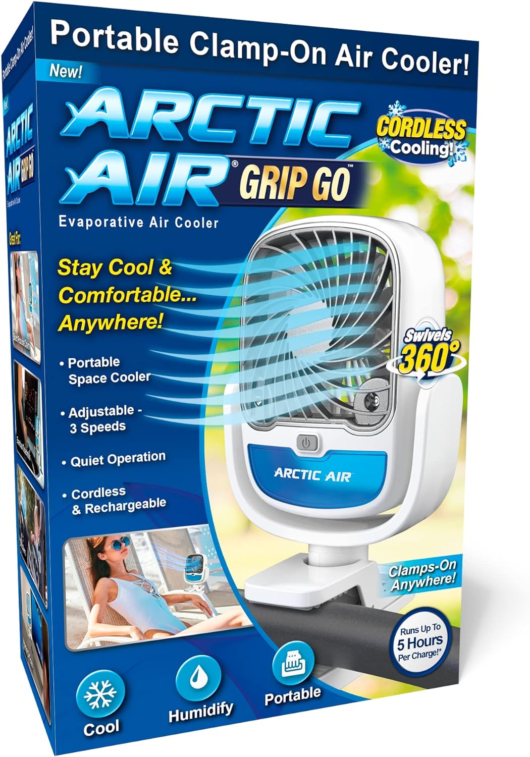 Racitor Aer Portabil cu Apa Arctic Air®, Clema de prindere, Rotire 360 de Grade, Port USB-C, 3 Viteze, 2in1 Ventilator si Umidificator, Culori RGB
