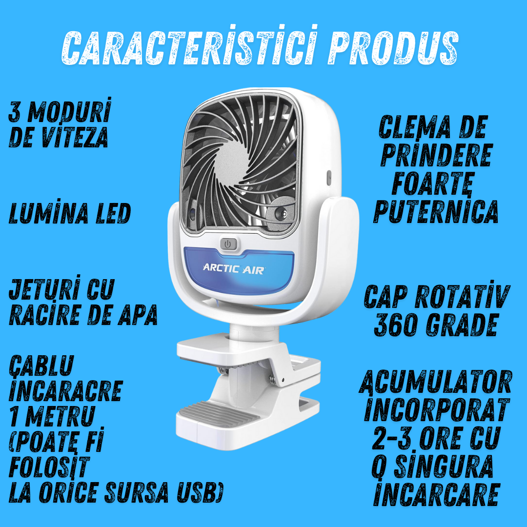 Racitor Aer Portabil cu Apa Arctic Air®, Clema de prindere, Rotire 360 de Grade, Port USB-C, 3 Viteze, 2in1 Ventilator si Umidificator, Culori RGB