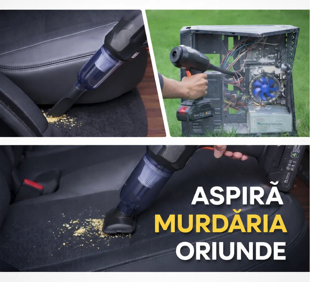 Aspirator Auto OKBOONS™ 6 in 1 Fara Fir, pentru Casa, Masina, Calculator, Birou, Putere 150W, Eficienta Mare, Functii de Aspirare, Suflare, Vidare, Filtru HEPA, Perie Detailing