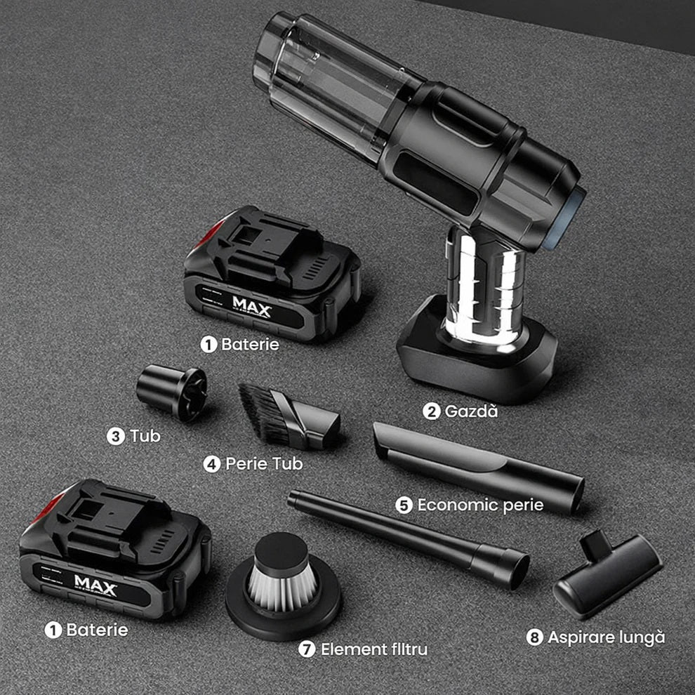 Aspirator Auto OKBOONS™ 6 in 1 Fara Fir, pentru Casa, Masina, Calculator, Birou, Putere 150W, Eficienta Mare, Functii de Aspirare, Suflare, Vidare, Filtru HEPA, Perie Detailing