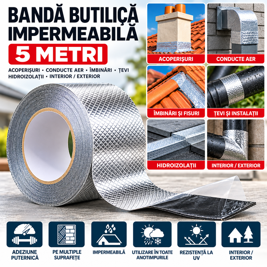 2 x Banda Izolatoare Din Aluminiu cu Aderență Puternică Pentru Pentru Reparații, Fisuri Și Scurgeri, 5 Metri