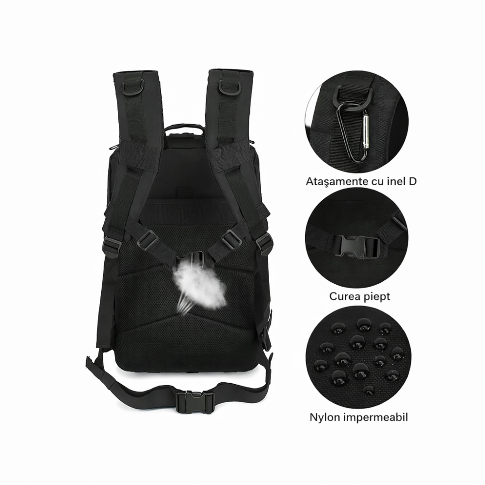Rucsac Militar Tactic, 45L, 53x35x25CM, Impermeabil, Negru