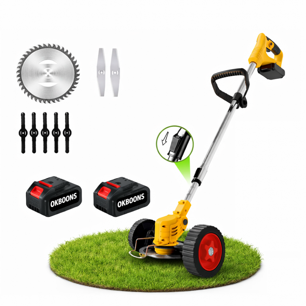 Motocoasă Electrică cu 2 Acumulatori 48V 4000 mAh, 18000 RPM, cu Roți Detasabile, Disc + 2 Lame + 5 Palete Incluse – Trimmer Profesional Iarbă și Buruieni