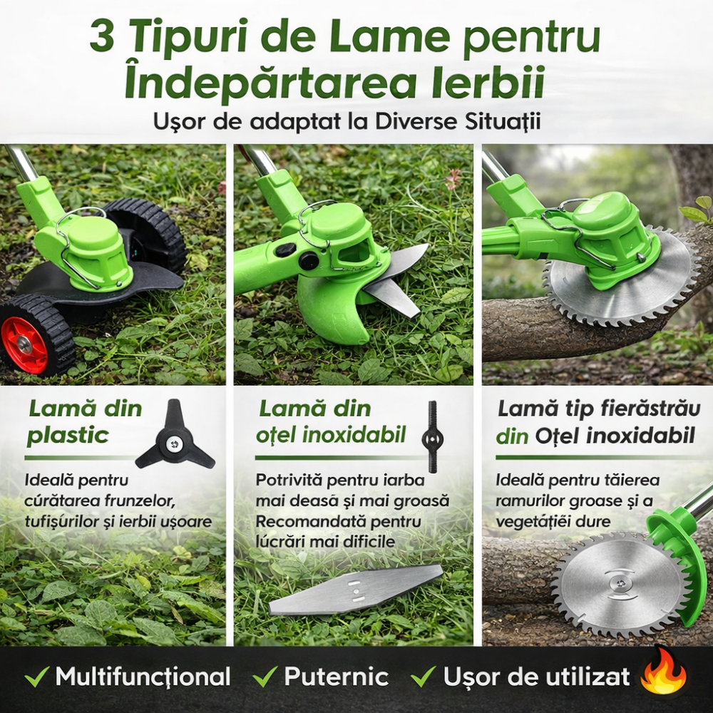 Motocoasă Electrică cu 2 Acumulatori 48V 4000 mAh, 18000 RPM, cu Roți Detasabile, Disc + 2 Lame + 5 Palete Incluse – Trimmer Profesional Iarbă și Buruieni