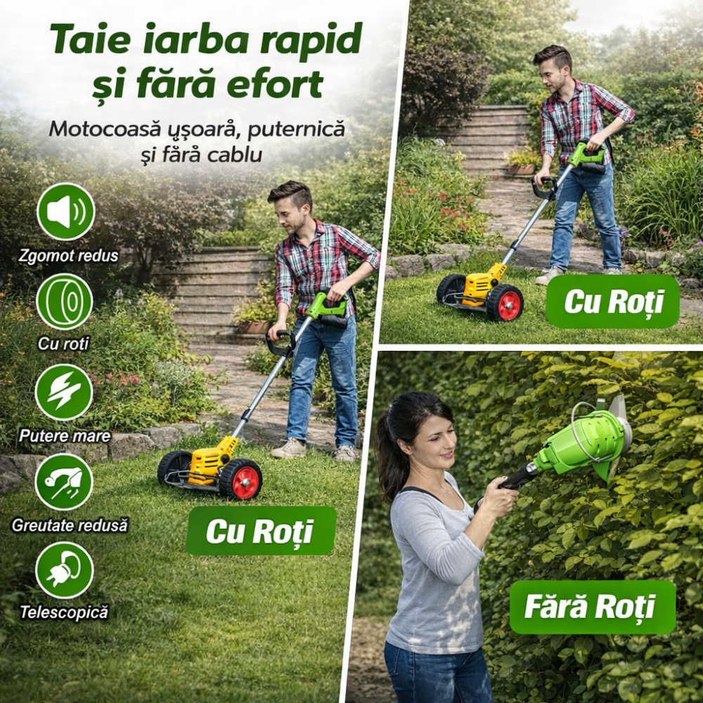 Motocoasă Electrică cu 2 Acumulatori 48V 4000 mAh, 18000 RPM, cu Roți Detasabile, Disc + 2 Lame + 5 Palete Incluse – Trimmer Profesional Iarbă și Buruieni