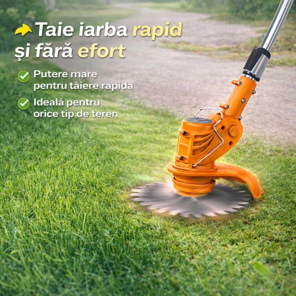 Motocoasă Electrică cu 2 Acumulatori 48V 4000 mAh, 18000 RPM, cu Roți Detasabile, Disc + 2 Lame + 5 Palete Incluse – Trimmer Profesional Iarbă și Buruieni