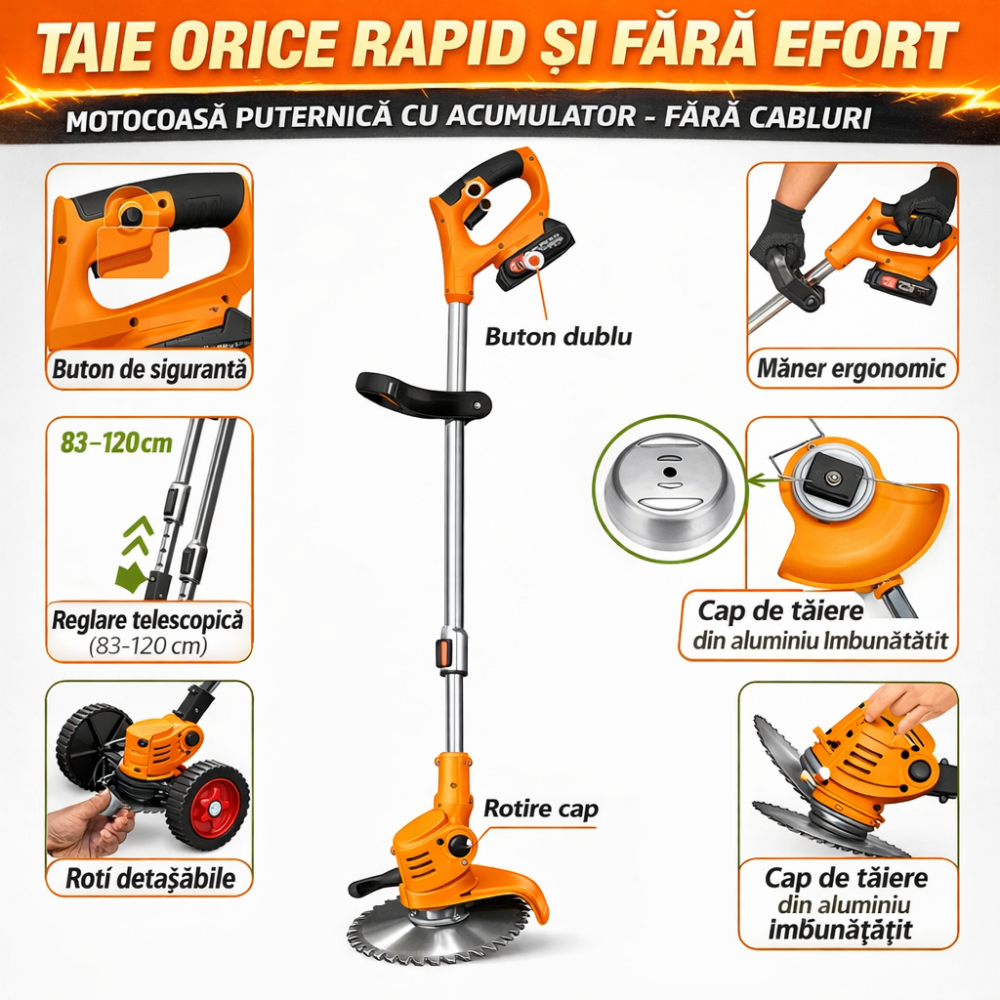 Motocoasă Electrică cu 2 Acumulatori 48V 4000 mAh, 18000 RPM, cu Roți Detasabile, Disc + 2 Lame + 5 Palete Incluse – Trimmer Profesional Iarbă și Buruieni