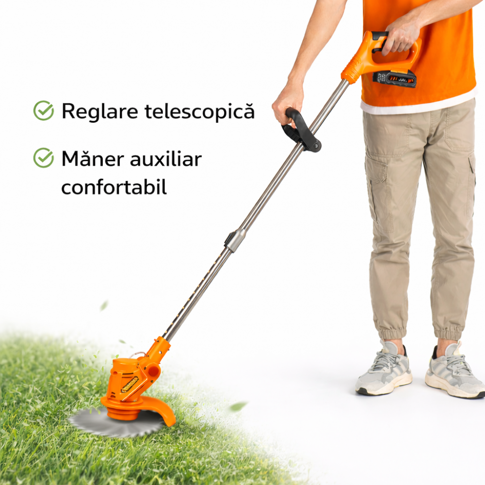 Motocoasă Electrică cu 2 Acumulatori 48V 4000 mAh, 18000 RPM, cu Roți Detasabile, Disc + 2 Lame + 5 Palete Incluse – Trimmer Profesional Iarbă și Buruieni