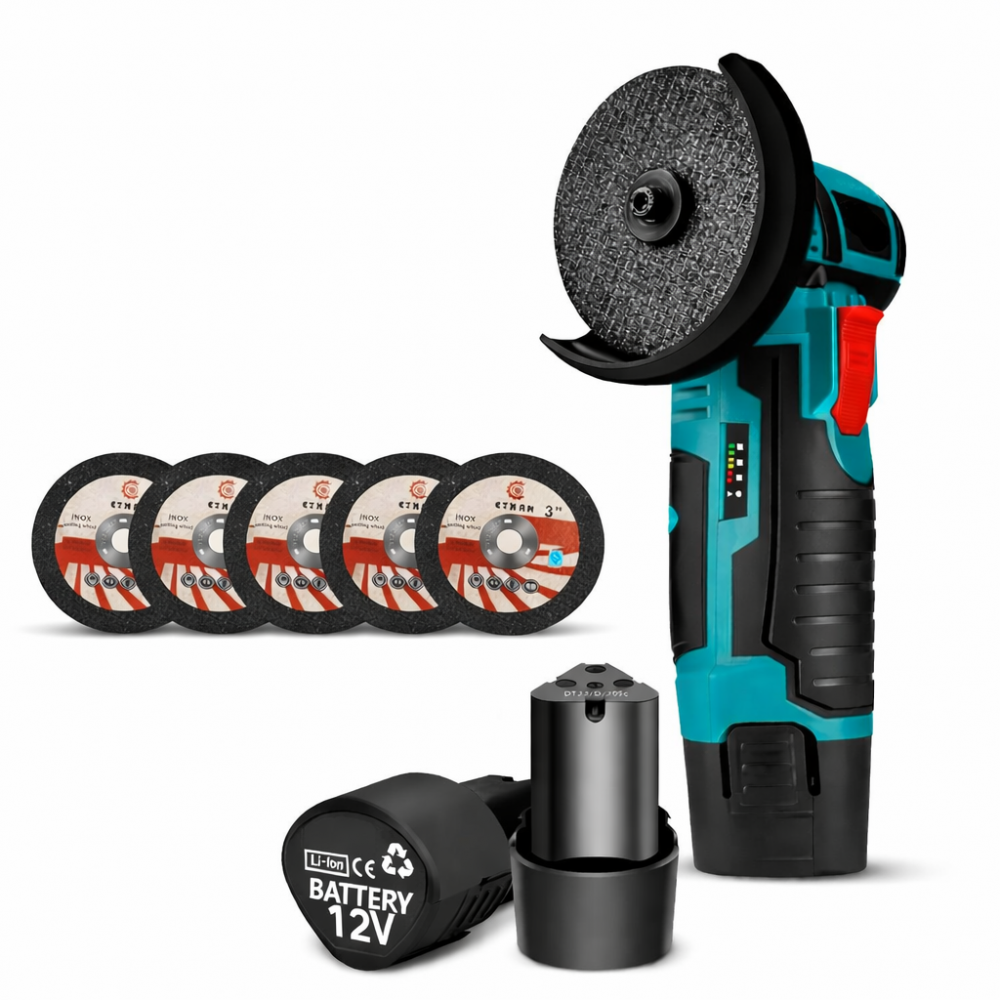 Mini Polizor unghiular portabil cu 2 acumulatorii si 5 discuri, 12V