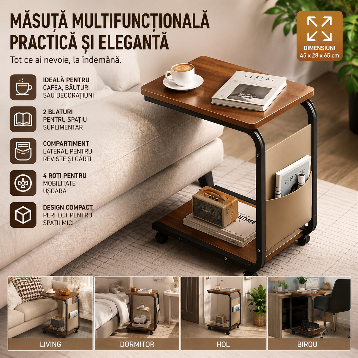 Măsuță de Cafea Multifuncțională cu 2 Blaturi, Compartiment Lateral și Roți