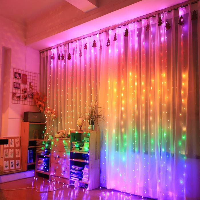 Instalatie decorativa cu telecomanda, Tip Perdea Luminoasa cu fir de cupru, 3m X 3m, 300 LED, 8 Moduri, Multicolor