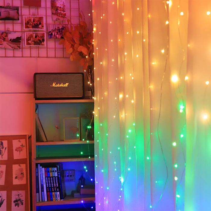 Instalatie decorativa cu telecomanda, Tip Perdea Luminoasa cu fir de cupru, 3m X 3m, 300 LED, 8 Moduri, Multicolor