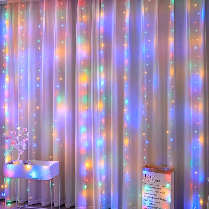 Instalatie decorativa cu telecomanda, Tip Perdea Luminoasa cu fir de cupru, 3m X 3m, 300 LED, 8 Moduri, Multicolor