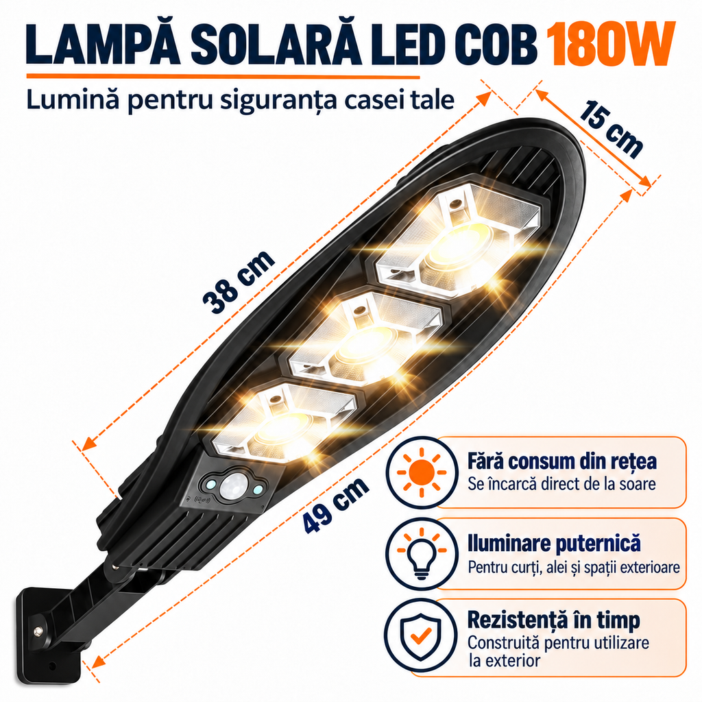 SET 3 x Lampa Stradala VISURON™ 180W, Incarcare Solara, 49 CM