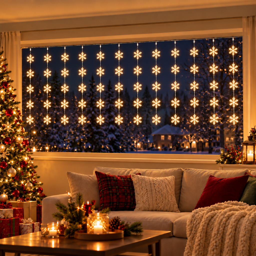 Instalație de Crăciun Tip Perdea Luminoasă cu 60 de Fulgi de Nea LED, 3m x 1m, 10 Fire cu Câte 6 Fulgi, Interconectabilă