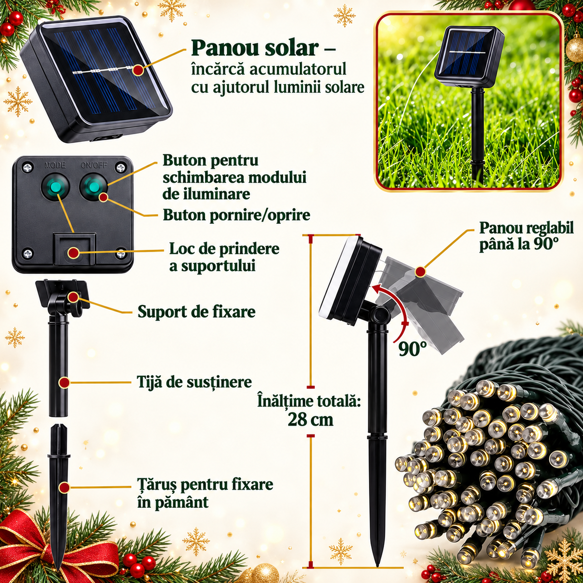 Instalatie solara decorativa, Exterior, Incarcare solara, 30 m, 300 LED-uri, Alb Cald