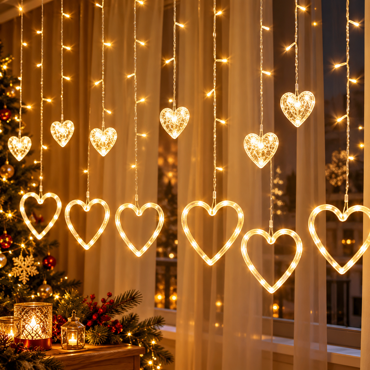 Instalație de Crăciun Tip Perdea Luminoasă cu Inimi LED, 3m x 1m, Interconectabilă, Inimi de 10 și 15 cm, Lumină Alb Cal