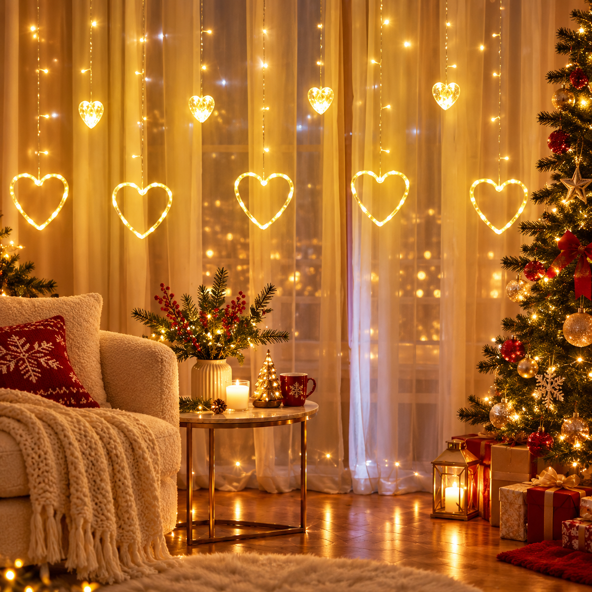 Instalație de Crăciun Tip Perdea Luminoasă cu Inimi LED, 3m x 1m, Interconectabilă, Inimi de 10 și 15 cm, Lumină Alb Cal
