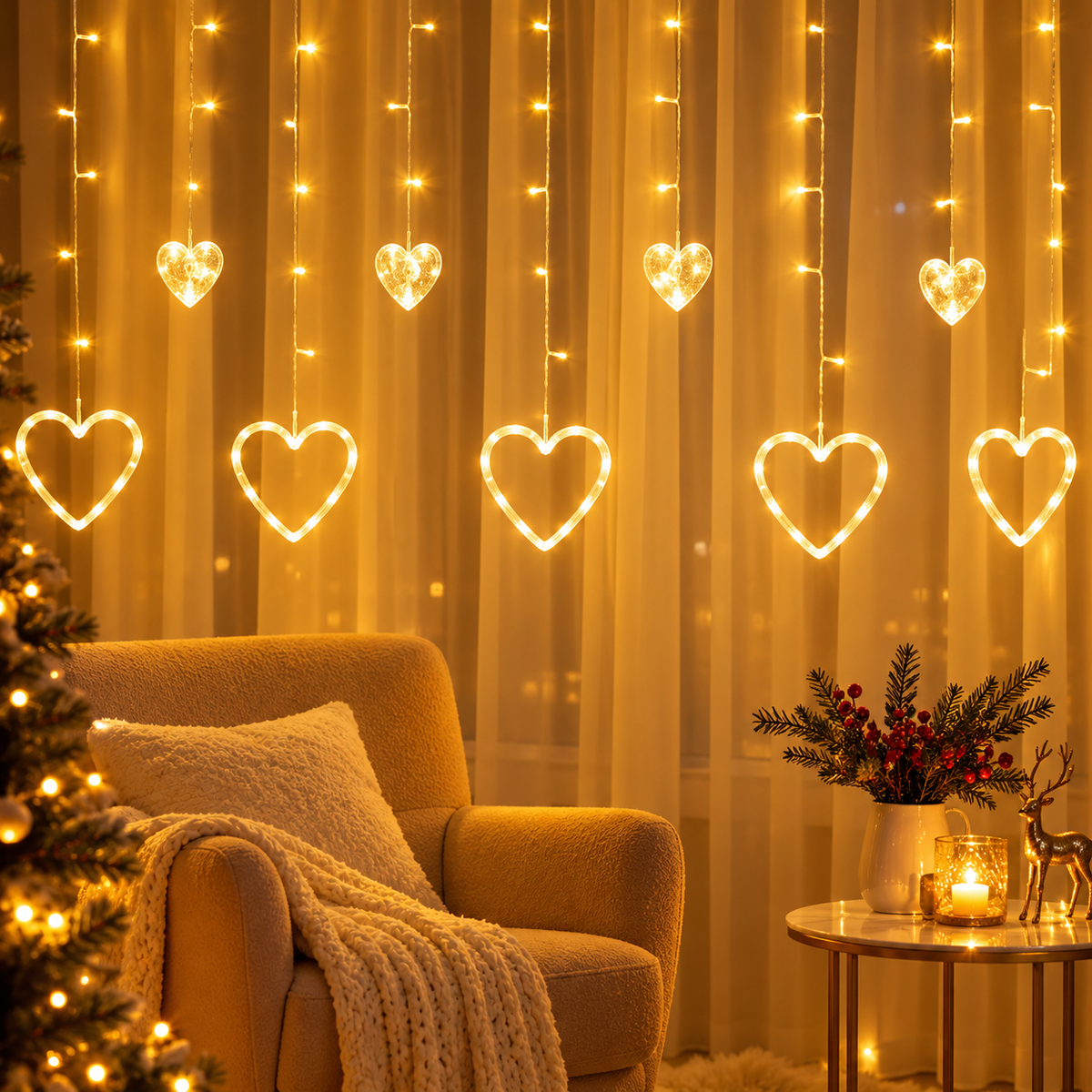 Instalație de Crăciun Tip Perdea Luminoasă cu Inimi LED, 3m x 1m, Interconectabilă, Inimi de 10 și 15 cm, Lumină Alb Cal