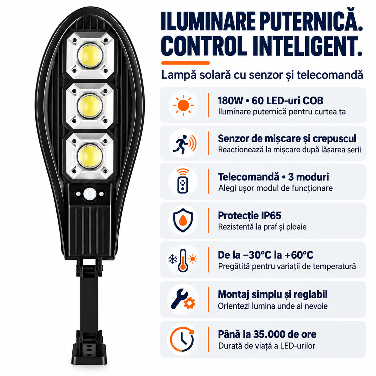 SET 3 x Lampa Stradala VISURON™ 180W, Incarcare Solara, 49 CM