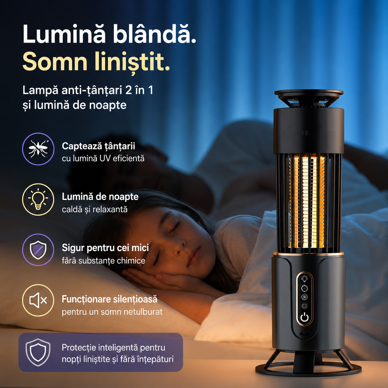 Lampa UV Anti Insecte 2 in 1 cu Acumulator Reîncărcabil, Anti Țânțari și Muște, Funcție Lampă de Veghe, USB Type-C, Portabilă