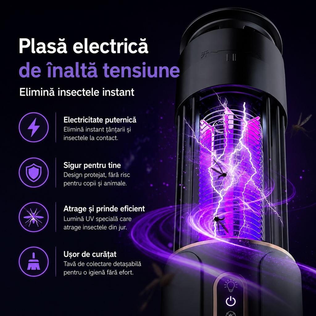 Lampa UV Anti Insecte 2 in 1 cu Acumulator Reîncărcabil, Anti Țânțari și Muște, Funcție Lampă de Veghe, USB Type-C, Portabilă
