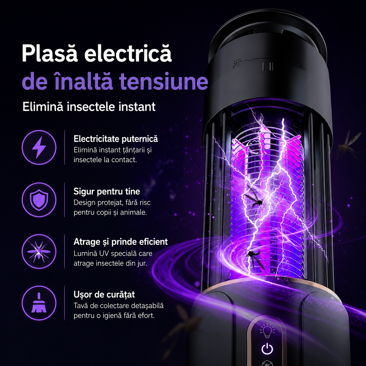 Lampa UV Anti Insecte 2 in 1 cu Acumulator Reîncărcabil, Anti Țânțari și Muște, Funcție Lampă de Veghe, USB Type-C, Portabilă