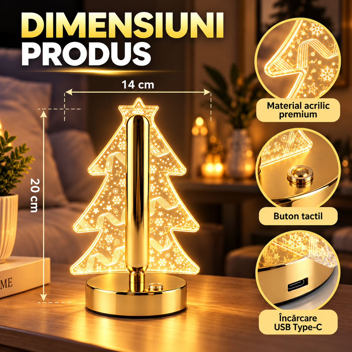 Lampă Decorativă LED în Formă de Brăduț de Crăciun, Efect 3D, Acumulator Reîncărcabil USB-C