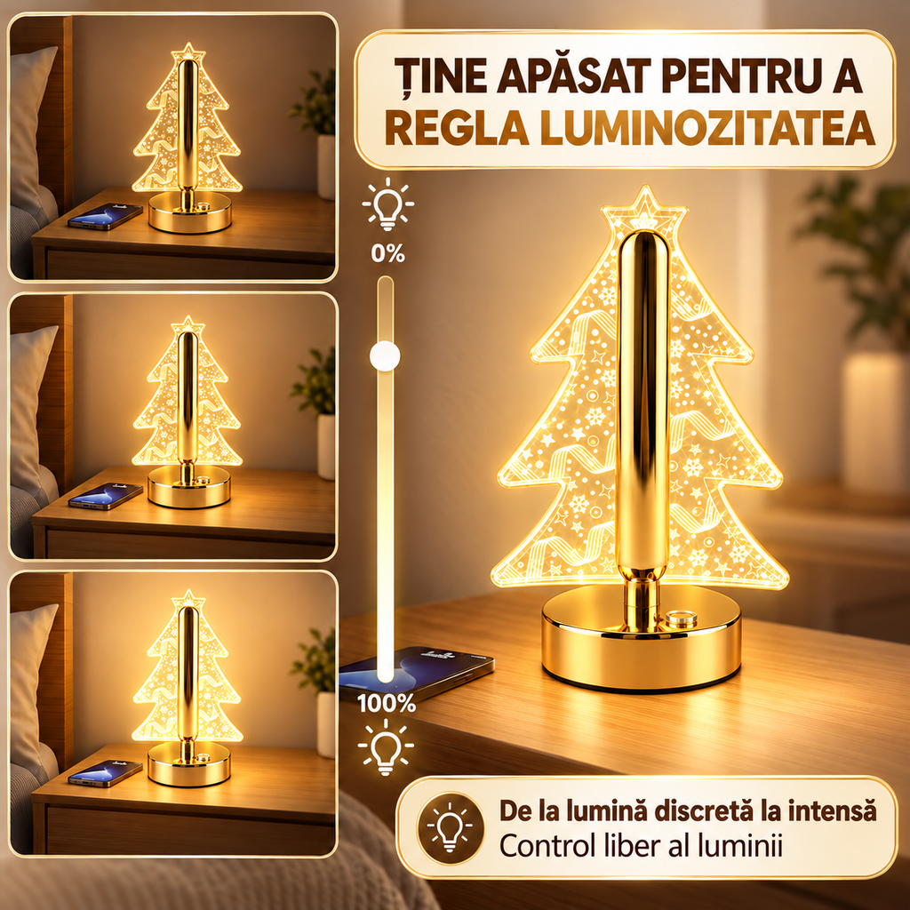 Lampă Decorativă LED în Formă de Brăduț de Crăciun, Efect 3D, Acumulator Reîncărcabil USB-C